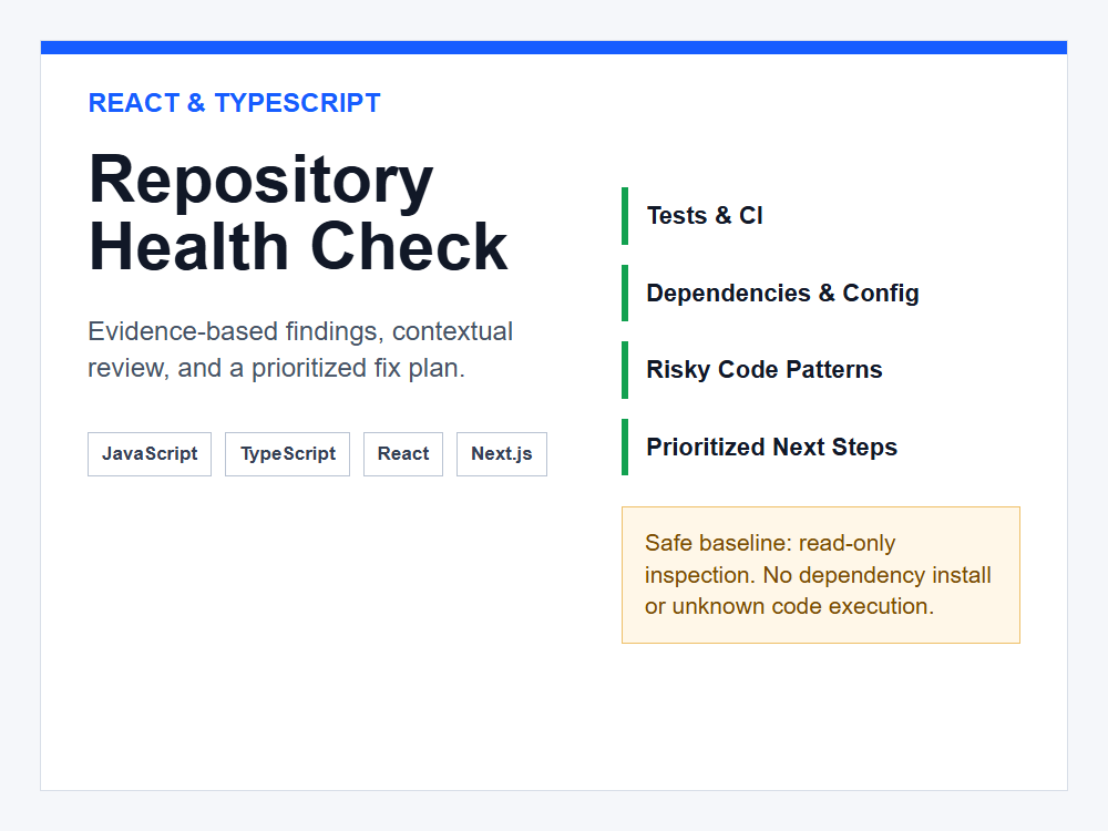 AI App Preflight repository health check cover showing tests, dependencies, risky patterns, and prioritized next steps